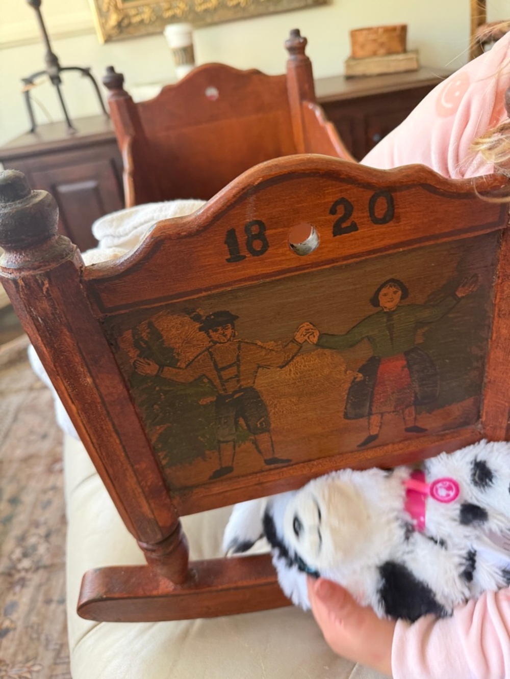 Antique Handcarved Wooden Rocking Cradle with Hand-Painted Couple - Picture 3 of 11